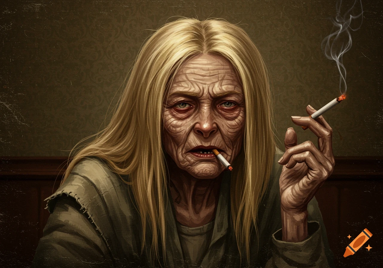A detailed digital painting of an old woman with long blonde hair, deep wrinkles, and red eyes, holding a lit cigarette.