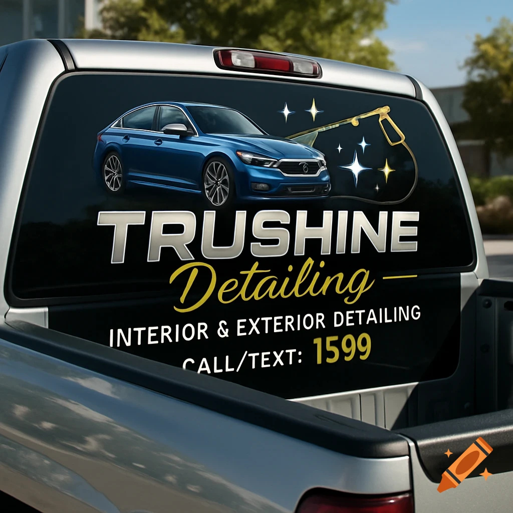 Rear view of a silver pickup truck with a TRUSHINE Detailing sticker featuring a blue car, pressure washer, and service text.