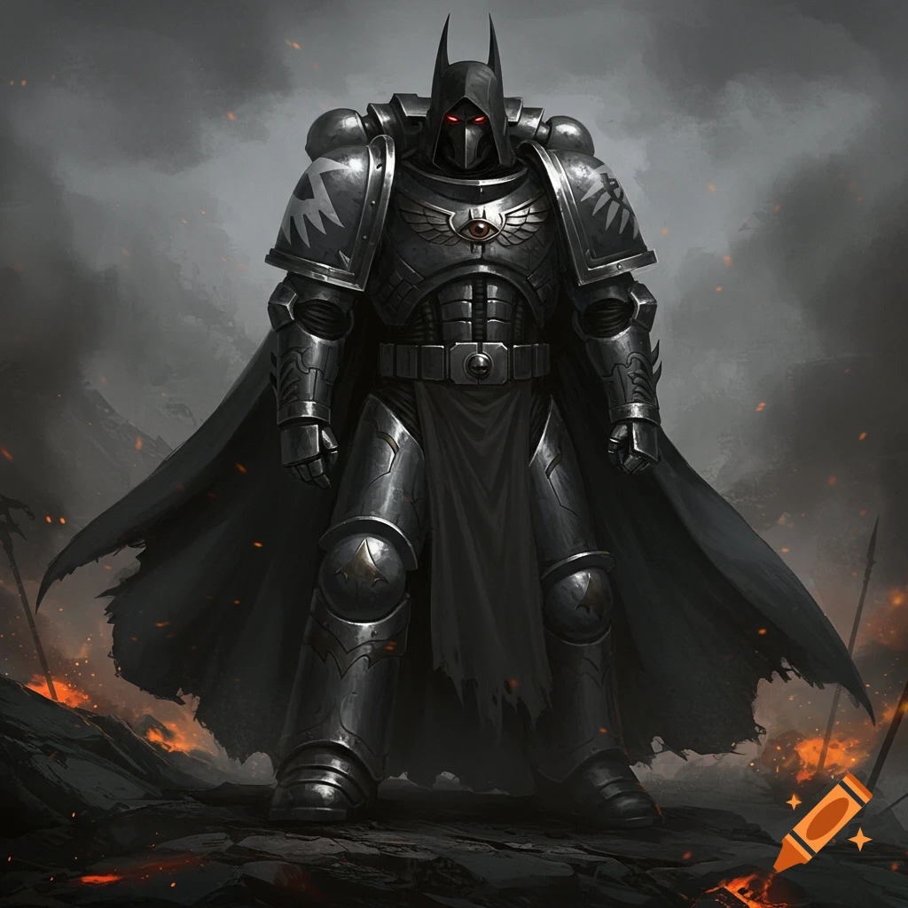 A brooding Space Marine with Batman-like armor and a cape stands in a dark, fiery, war-torn landscape.
