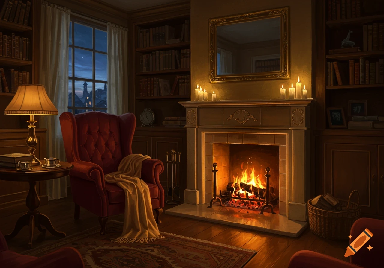 A warm and cozy library room at night with a roaring fireplace, a red armchair, a lamp, and bookshelves.