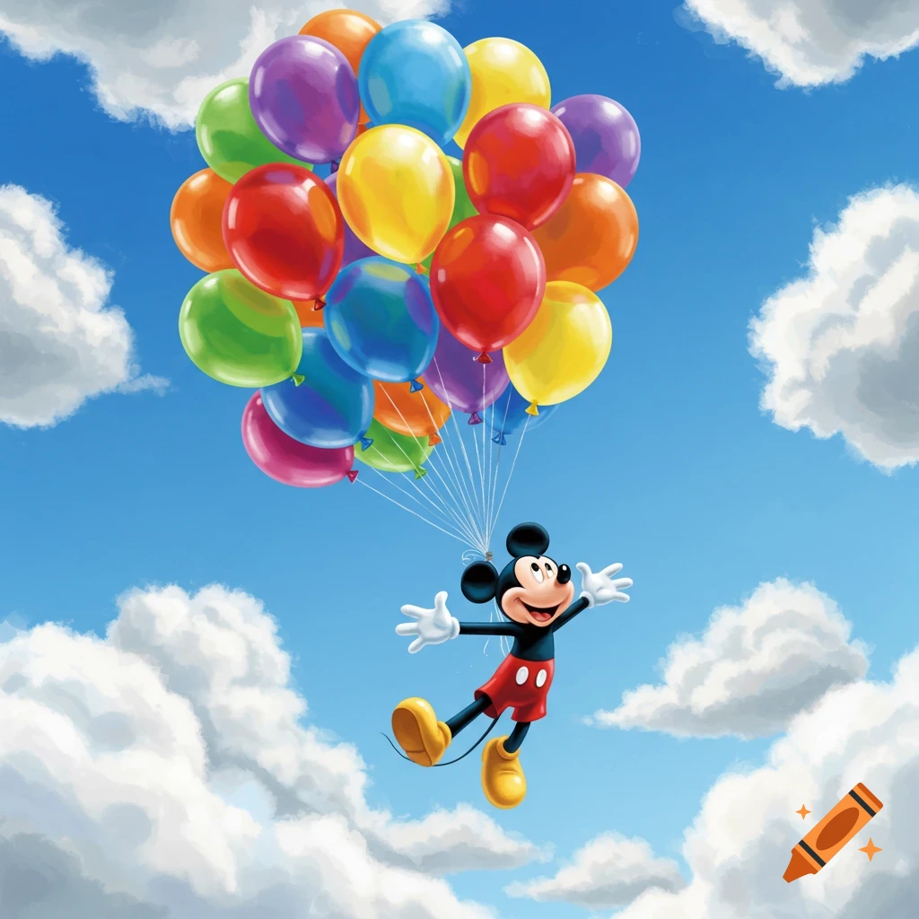 Mickey Mouse flies happily through a blue sky filled with white clouds, holding a large bundle of colorful balloons.