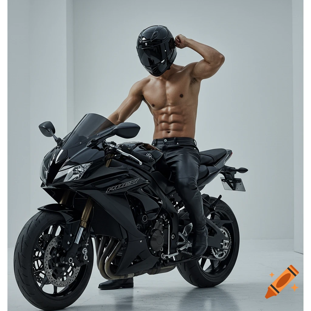 A shirtless man in a black helmet and black leather pants sits on a black motorcycle in a white studio.