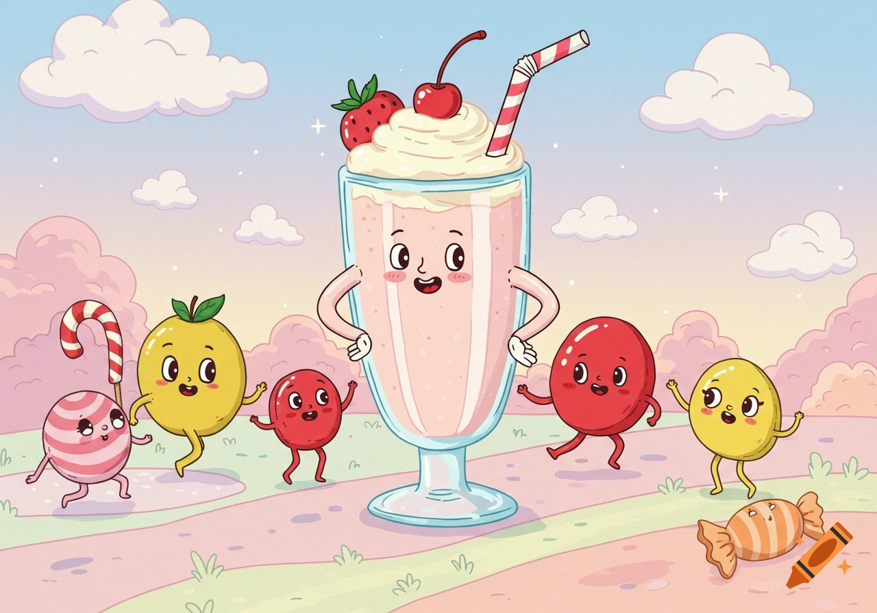 A whimsical cartoon illustration of a happy milkshake character with a strawberry, cherry, and straw, surrounded by candy and fruit characters in a sweet landscape.