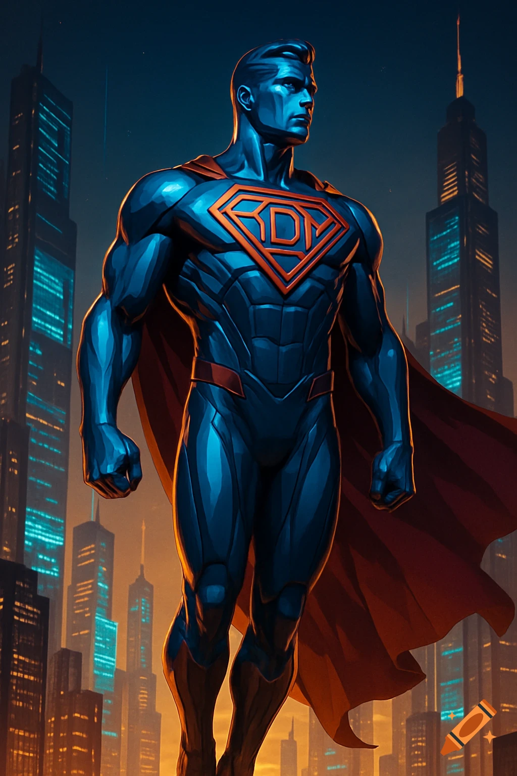 A blue-skinned superhero with a red cape and an orange symbol on his chest stands against a futuristic city skyline at dusk.