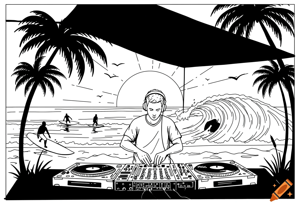 Black and white line art of a DJ playing music on a tropical beach with palm trees and surfers in the ocean.
