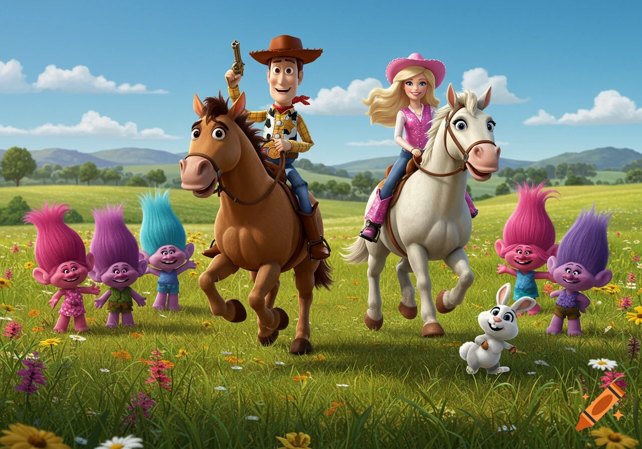 Woody on a brown horse and Barbie on a white horse ride through a flowery field with five colorful trolls and a white rabbit.