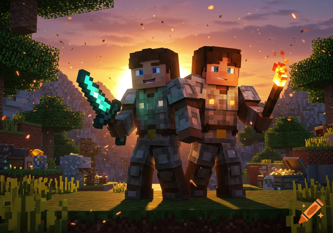 Two Minecraft-style characters in armor, one with a glowing sword and one with a torch, stand in a blocky landscape at sunset.