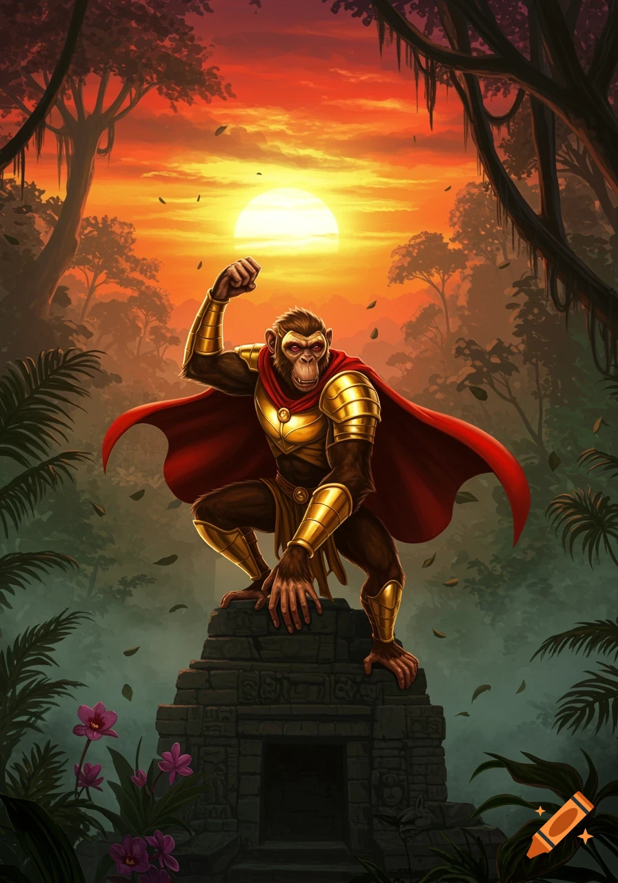 A monkey character in golden armor and a red cape poses on a stone ruin in a lush jungle at sunset.