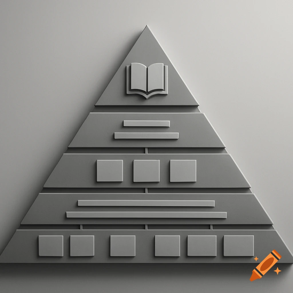 A grey 3D rendered pyramid diagram showing an instructional hierarchy with an open book icon at the top.