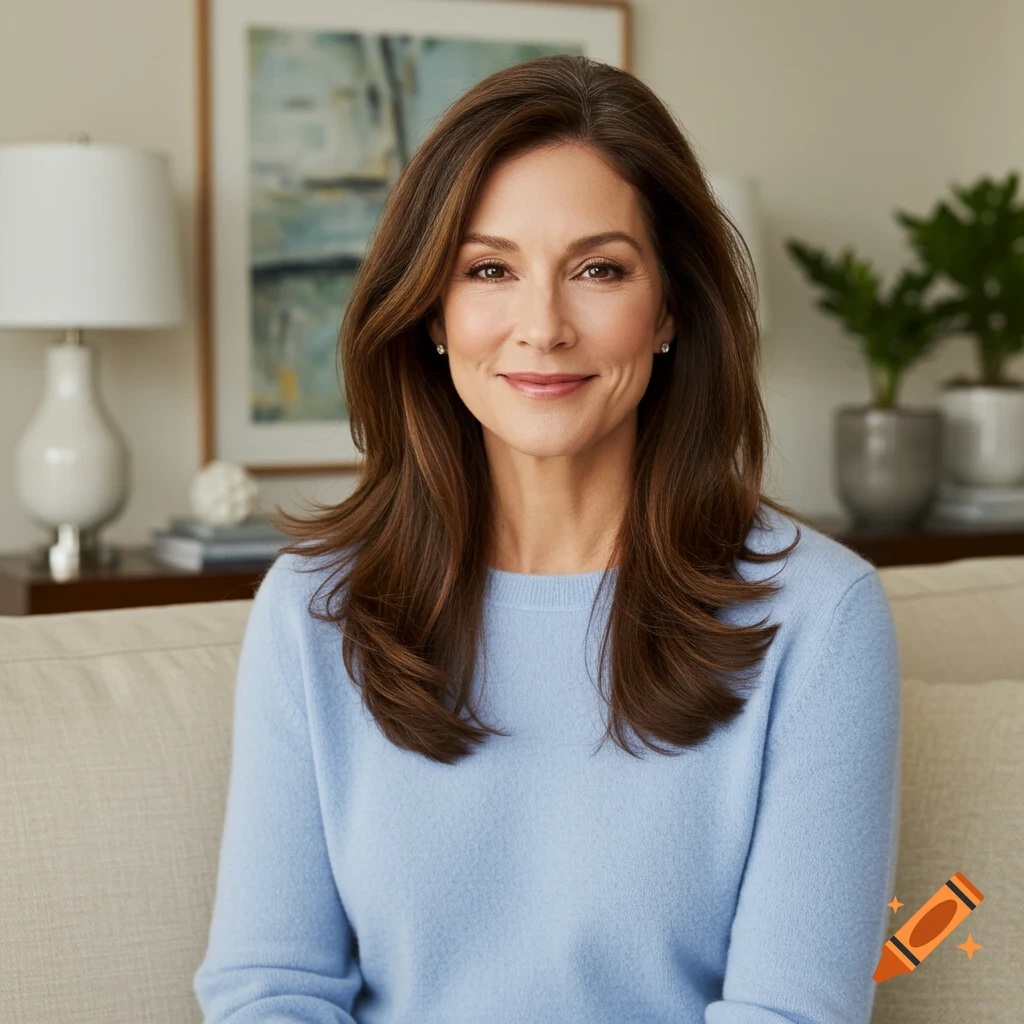 A smiling middle-aged woman with long brown hair wearing a light blue sweater sits on a couch in a living room.
