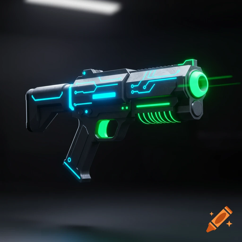 A sleek black futuristic laser blaster with glowing blue and green neon lights and green laser beams on a dark background.