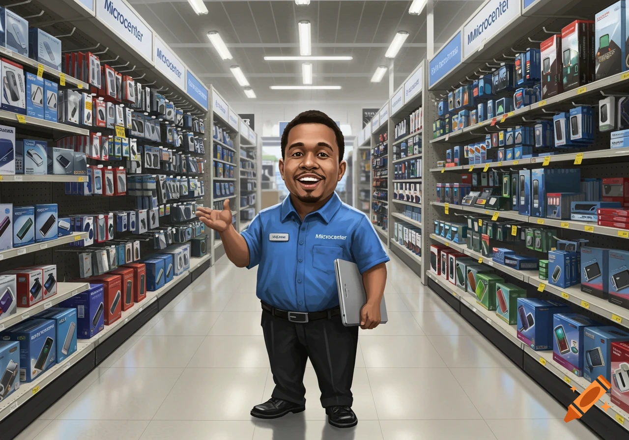 A cartoonish man in a blue Microcenter uniform stands smiling in the aisle of an electronics store, holding a laptop.