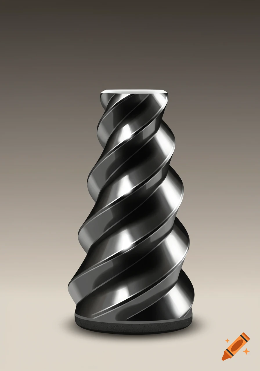 A shiny, dark metallic object with a helical, twisted shape stands upright against a neutral gradient background.