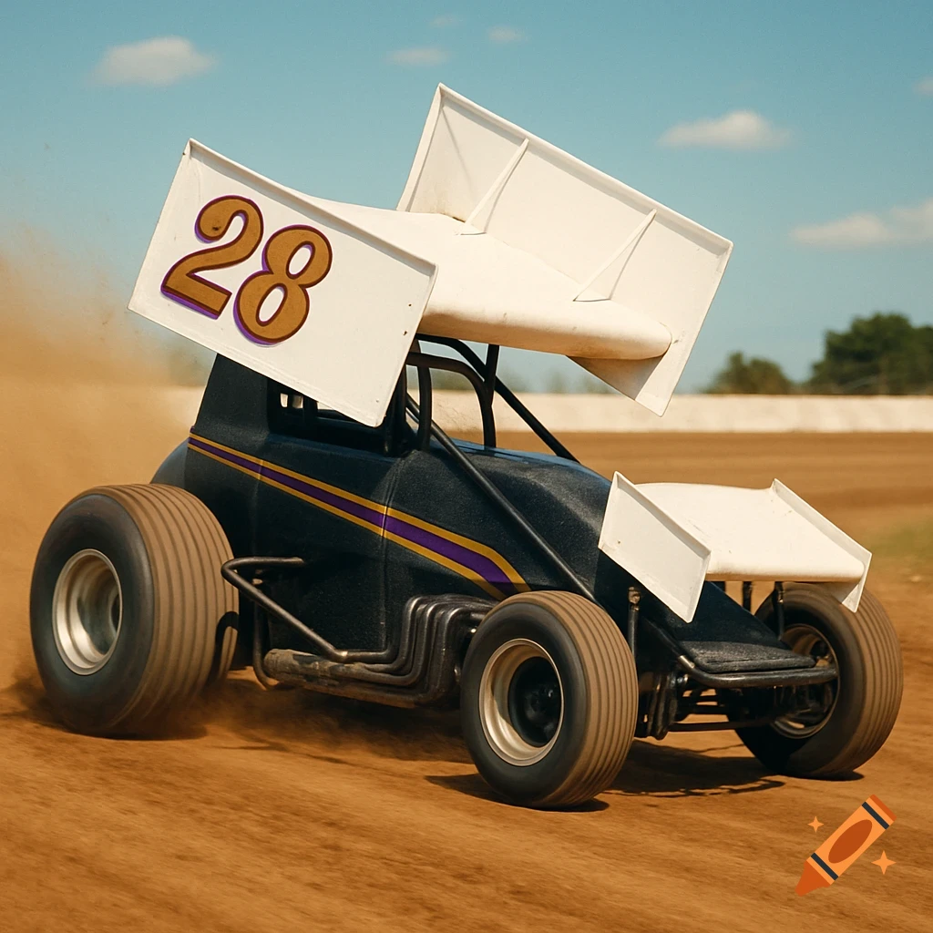 A realistic retro-style winged sprint car with the number 28 racing on a dirt track, kicking up dust under a clear sky.