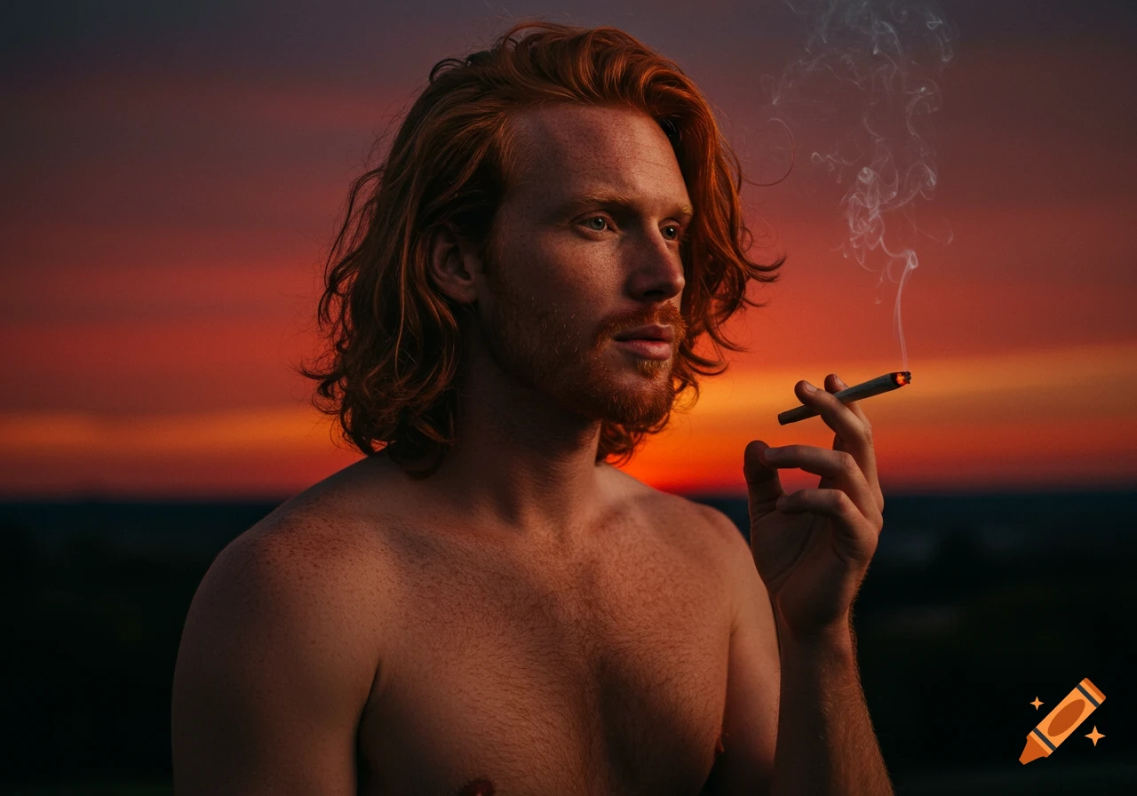 A man with long red hair and a beard, shirtless, smoking outdoors against a vibrant orange and red sunset sky. Photorealistic style.