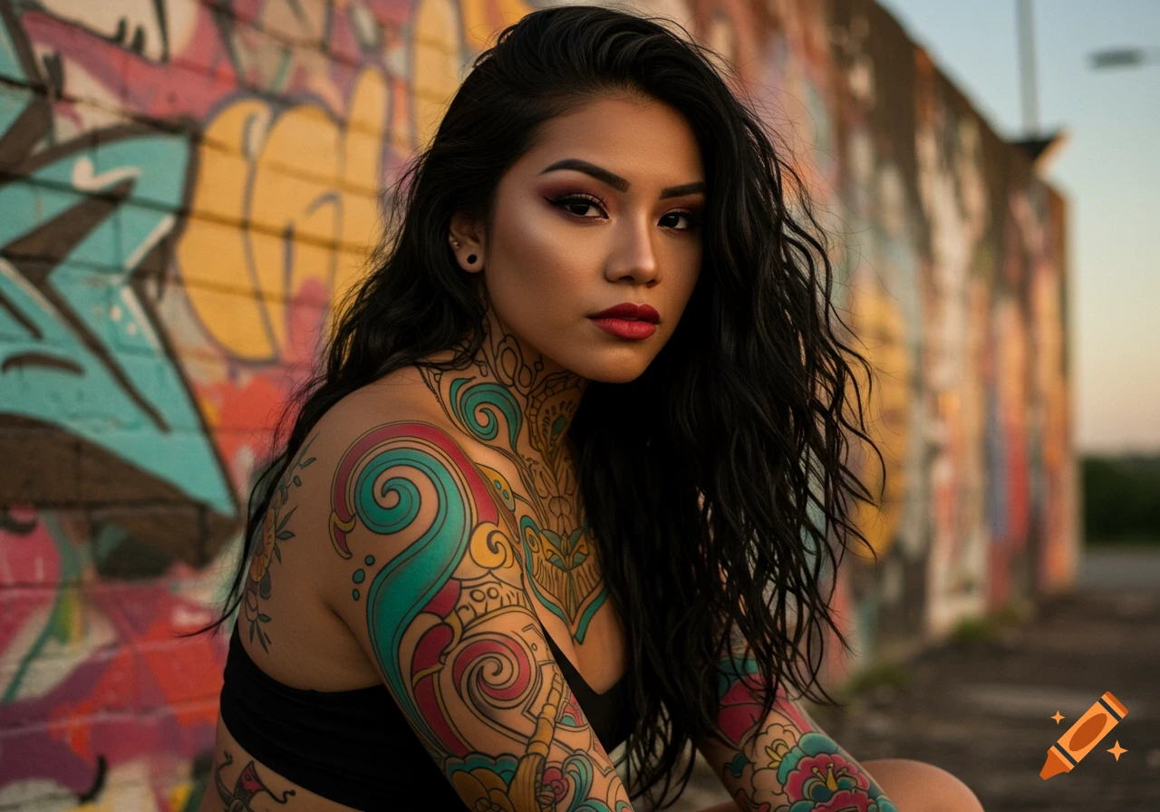 Photorealistic portrait of a woman with vibrant tattoos on her arms and chest, sitting in front of a colorful graffiti wall.
