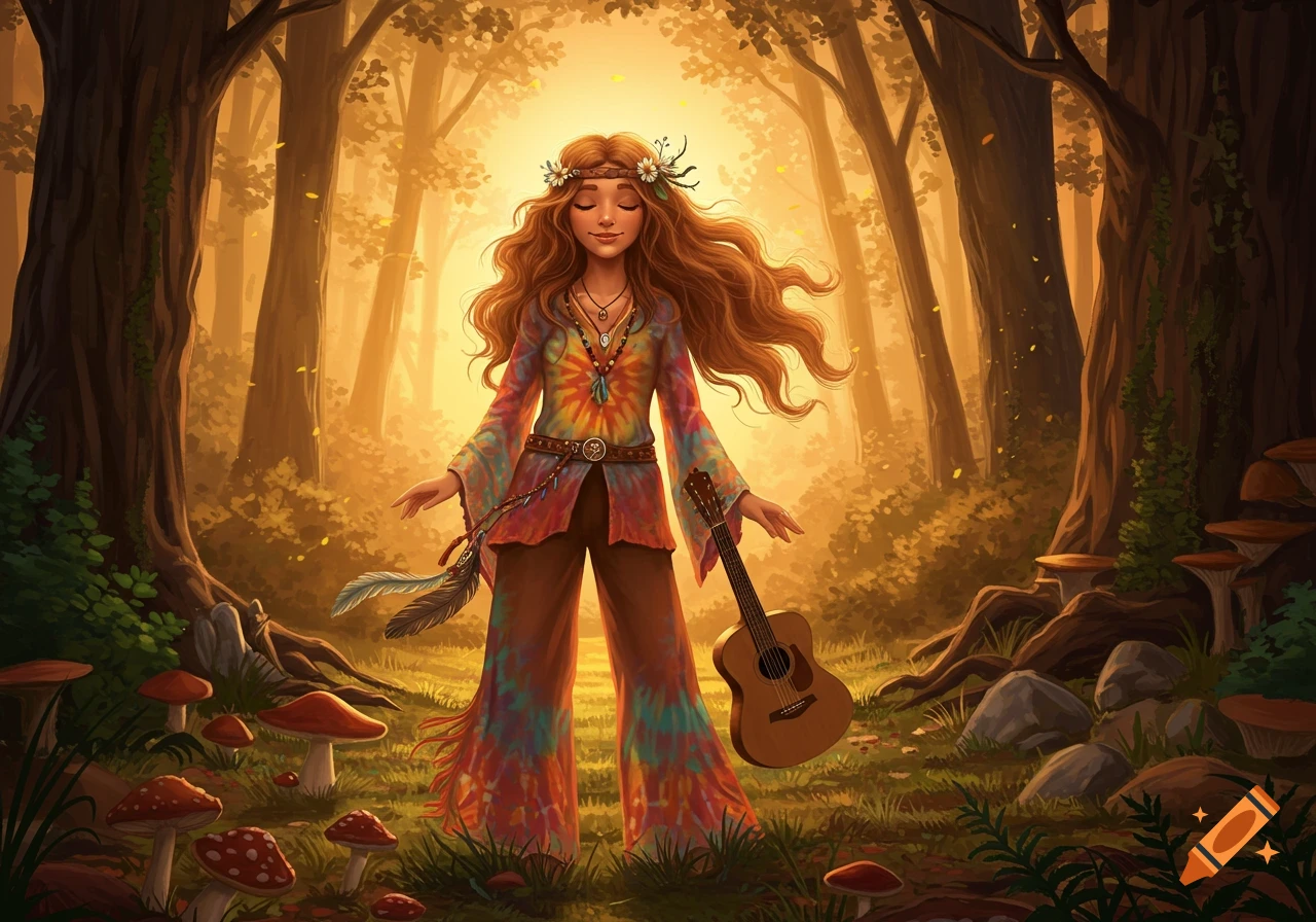 A smiling hippie woman with long brown hair, wearing a colorful tie-dye shirt and bell bottoms, stands in a golden forest with a guitar.