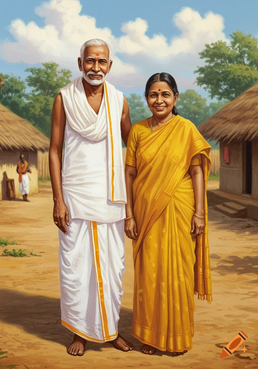 Elderly Indian couple in traditional attire, the man in white and the woman in yellow, smiling in a rural village.