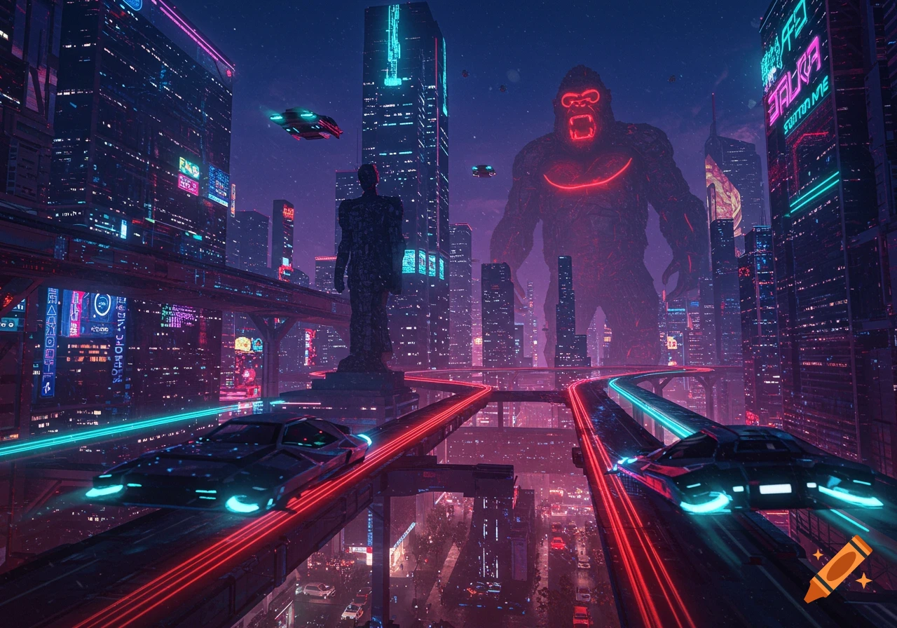 A futuristic cyberpunk city at night with neon lights, flying cars, and a massive, glowing red King Kong-like creature overlooking the skyline.