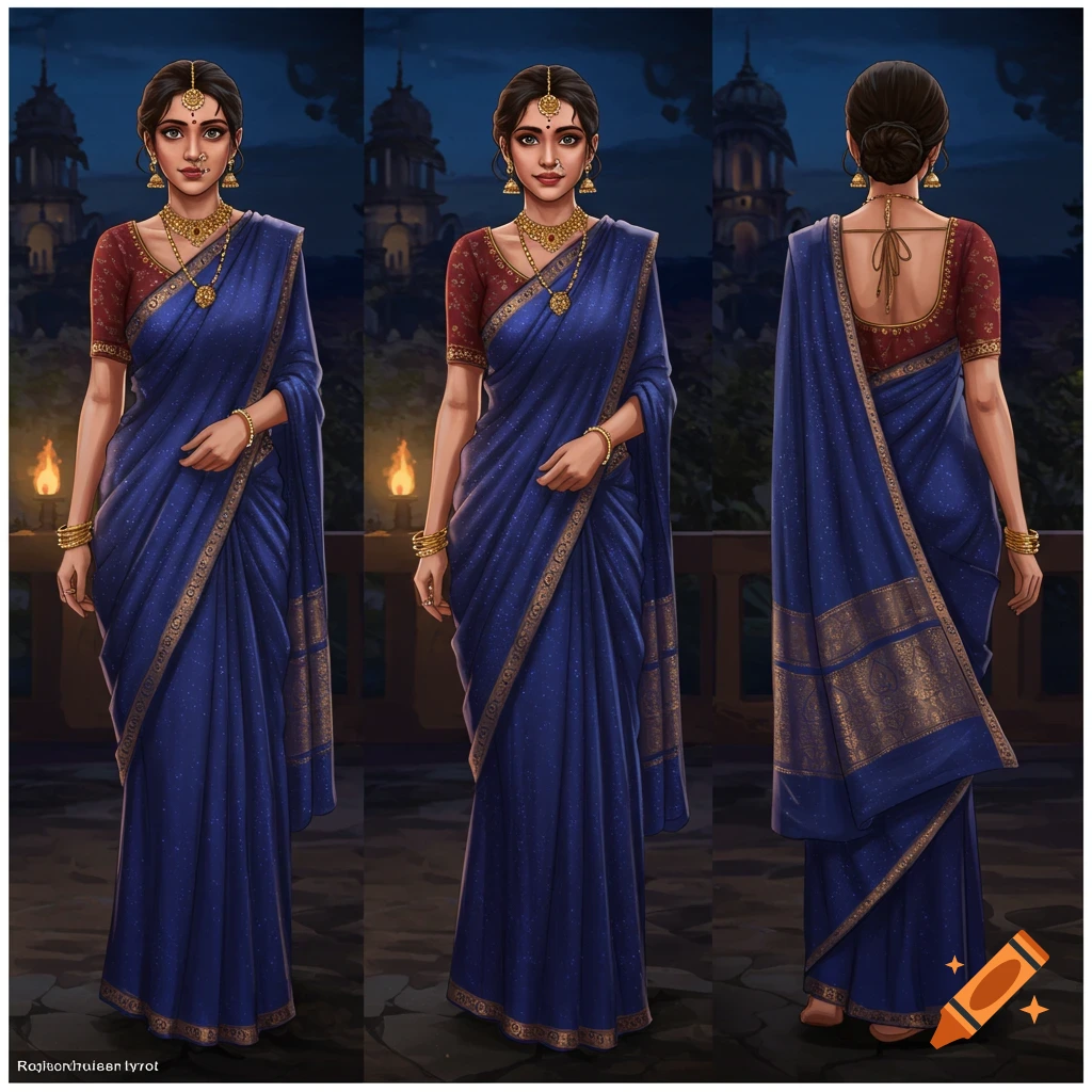 A character rotation sheet of a beautiful Indian woman in a blue saree and gold jewelry, shown from front, side, and back views at night with a temple background.