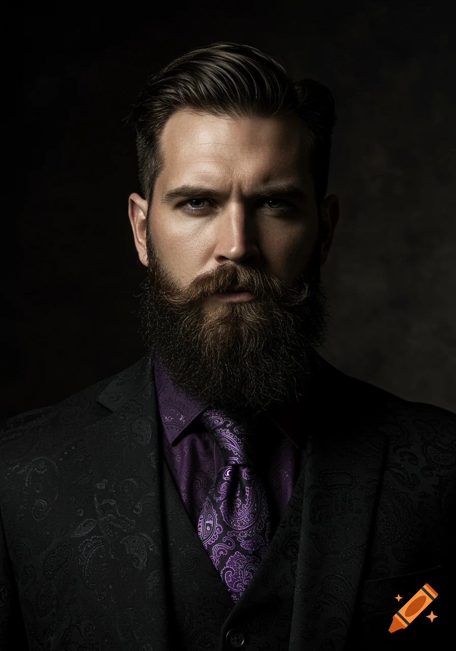 A man with a well-groomed dark beard and mustache looks directly into the camera. He wears a black paisley suit, a purple paisley shirt, and a matching purple paisley tie against a dark, moody background.