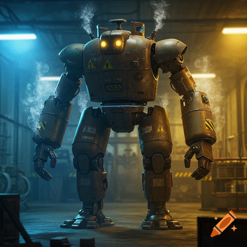 A large, rusty, old-fashioned robot with glowing eyes emits smoke in a dimly lit industrial workshop. Photorealistic style.