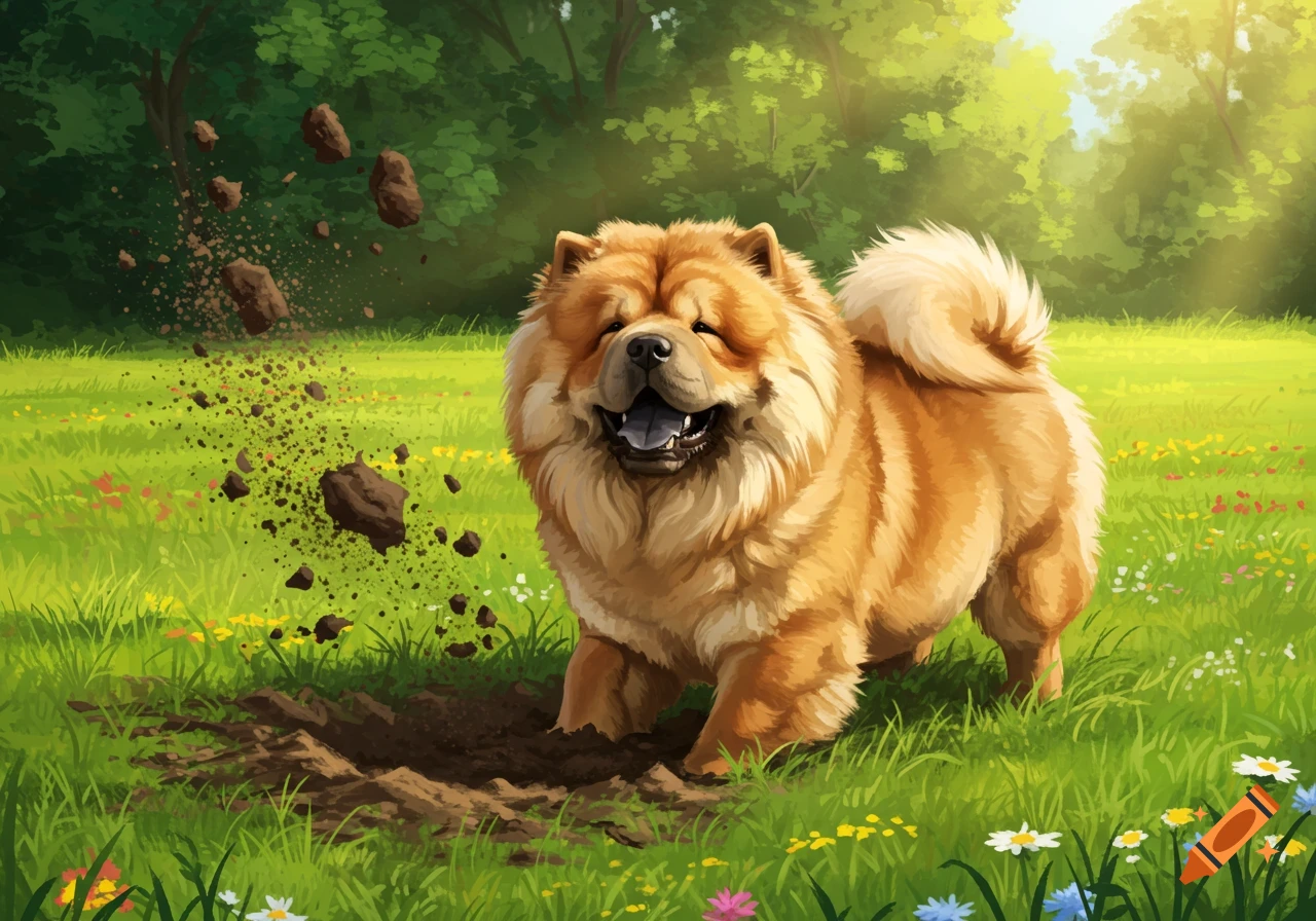 An illustrated Chow Chow dog happily digging a hole in a green field, kicking up dirt, with trees and flowers in the background.