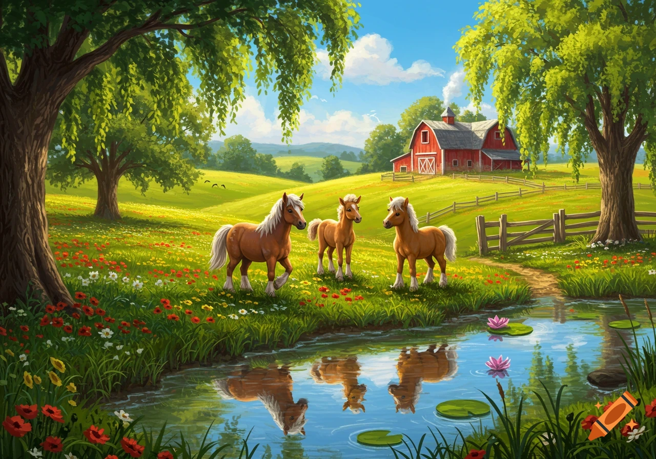 Three ponies in a green field with a red barn, trees, and a stream with lily pads under a blue sky, in an illustration style.