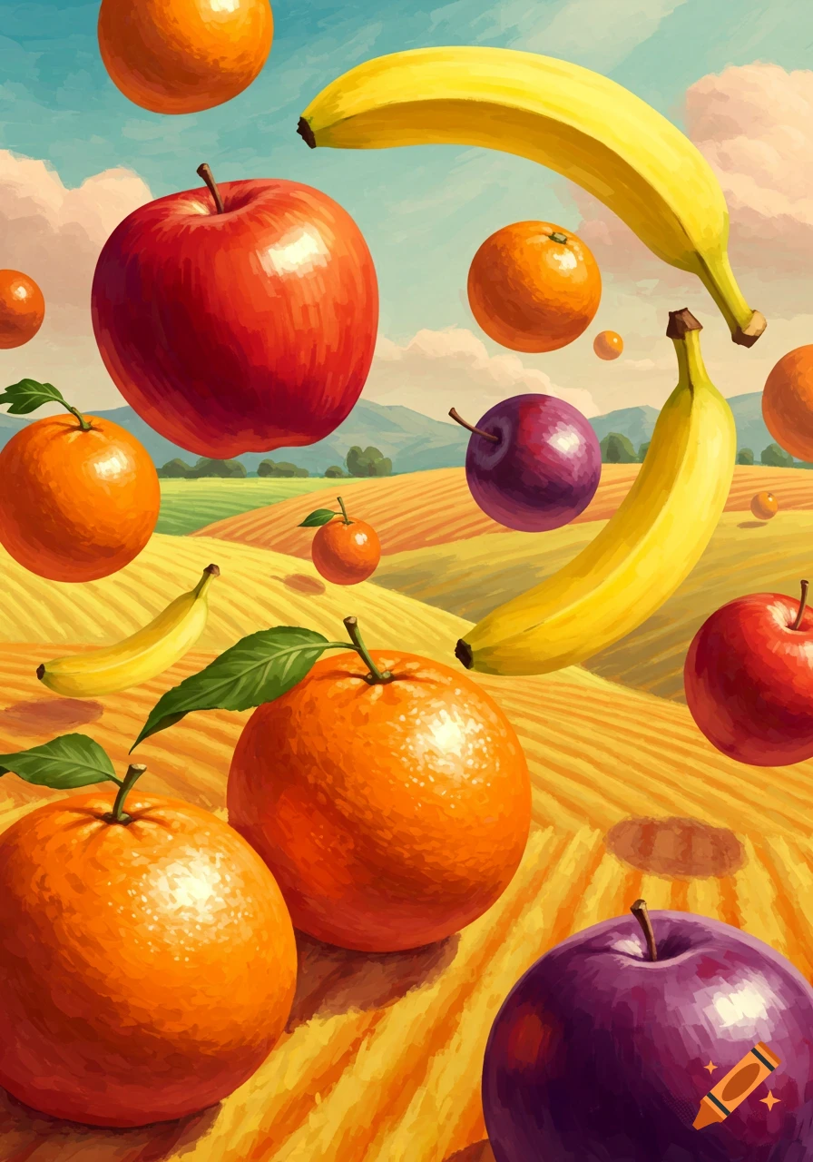 An abstract painting of various colorful fruits like apples, oranges, bananas, and plums floating over golden rolling fields under a blue sky.
