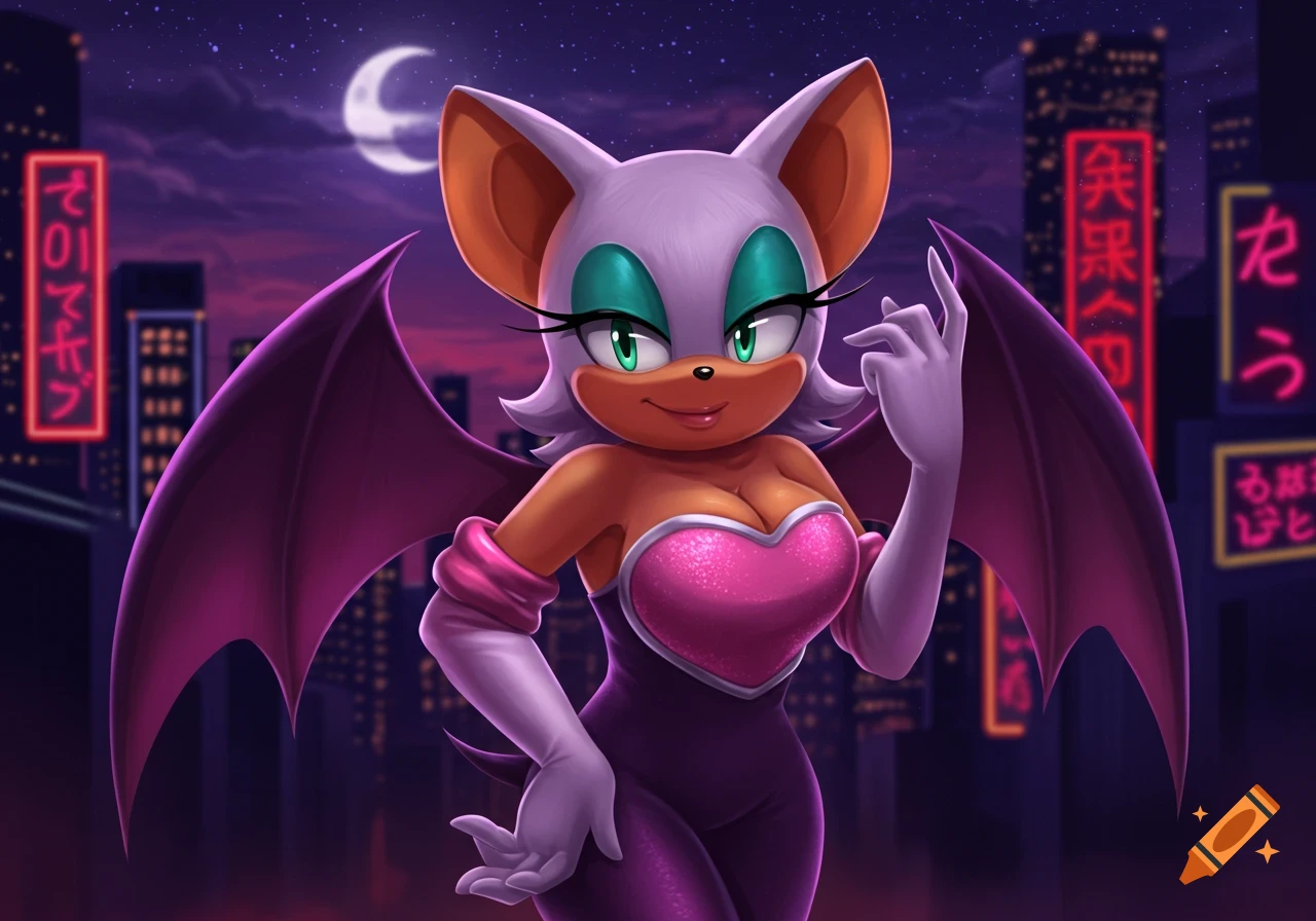 Rouge the Bat with purple wings and a pink top stands in a neon-lit city at night under a crescent moon, digital art style.