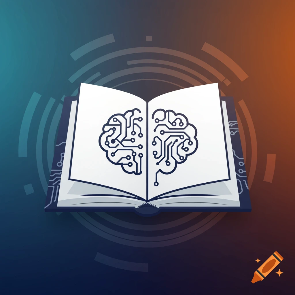 An open book with a circuit board brain on its pages, set against a gradient background with abstract tech patterns.