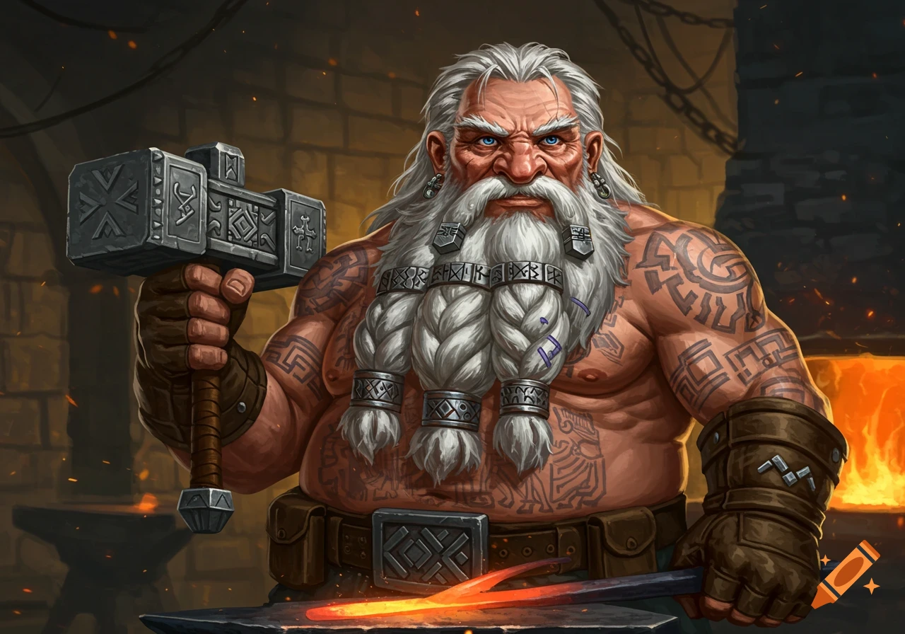 A muscular, white-bearded dwarf with tattoos holds a large hammer in a blacksmith's forge, glowing metal on an anvil.