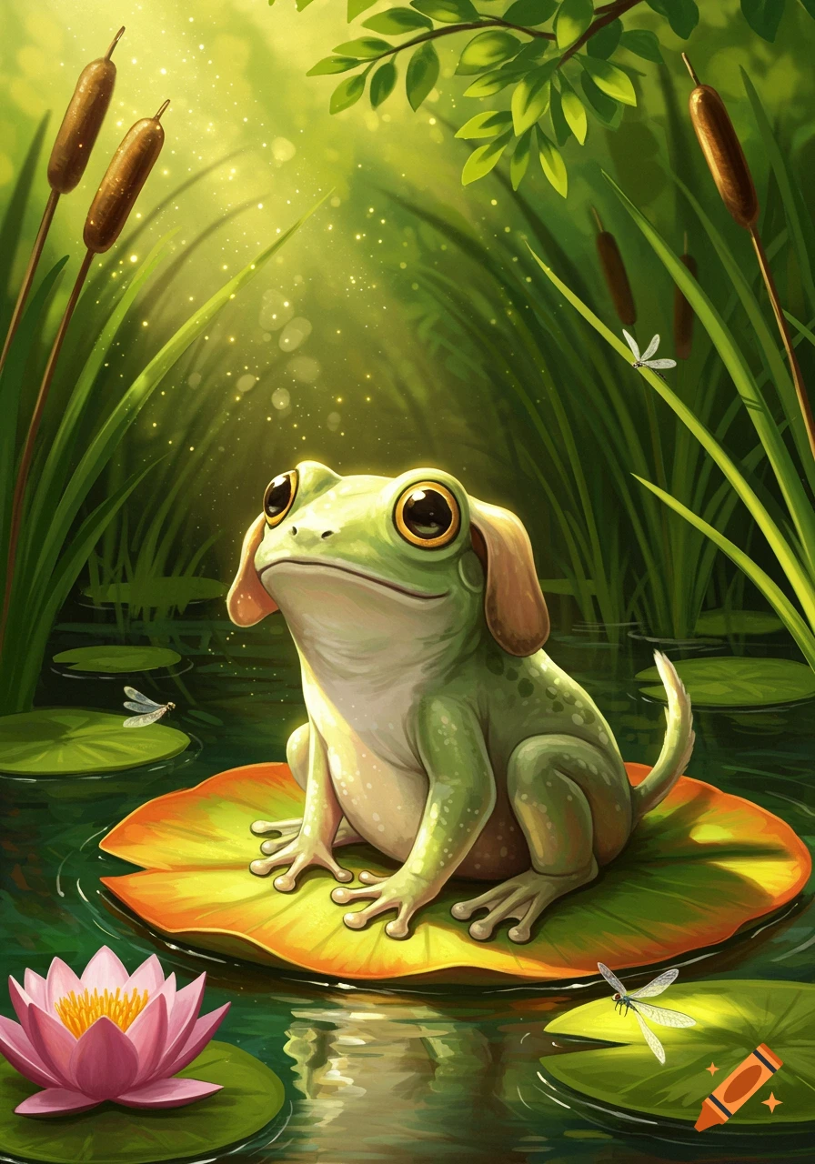 A whimsical illustration of a frog with dog ears and a tail sitting on a lily pad in a vibrant green pond with sparkling light.