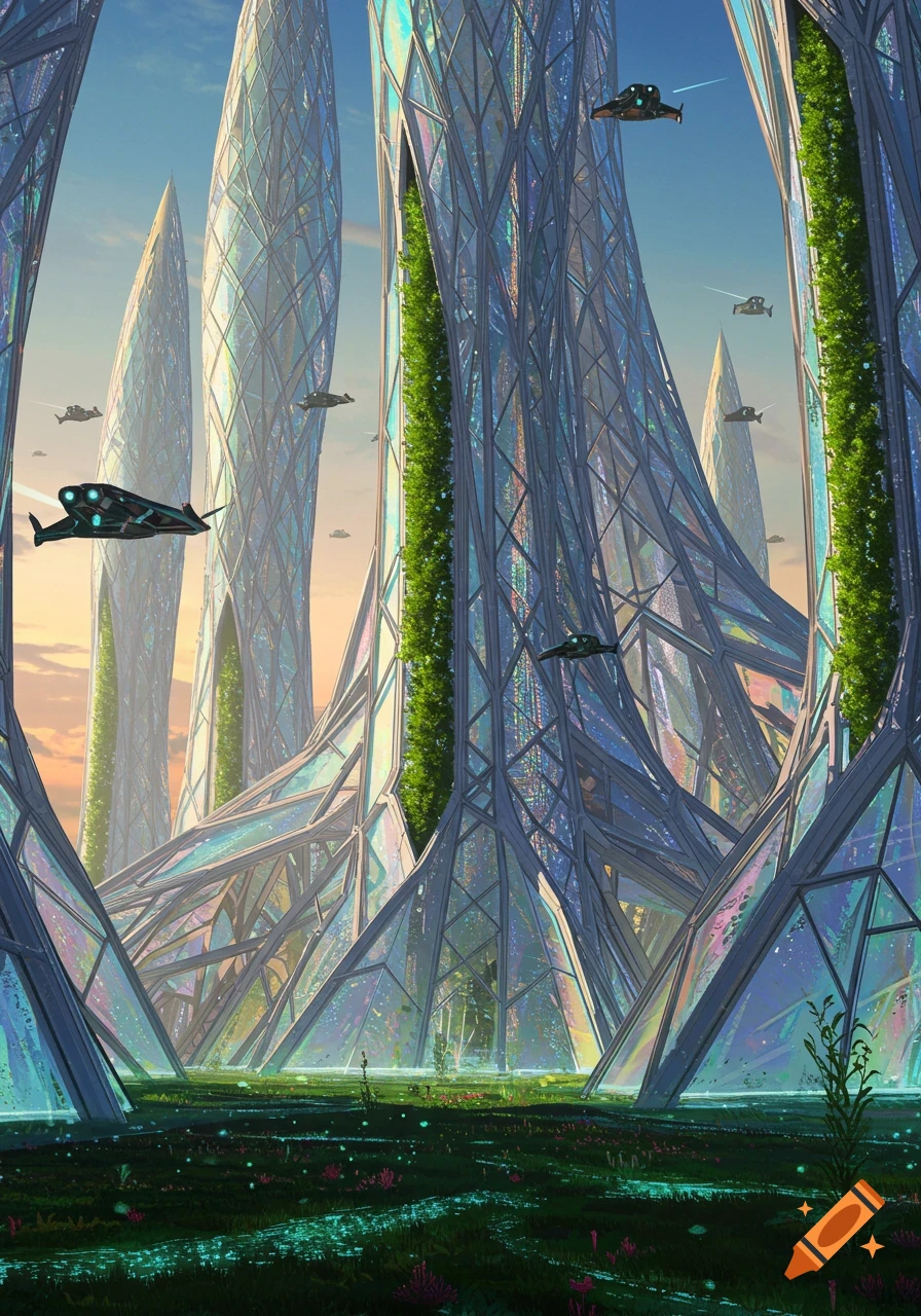 Futuristic city with towering glass and steel structures, lush greenery, and flying vehicles under a clear sky.