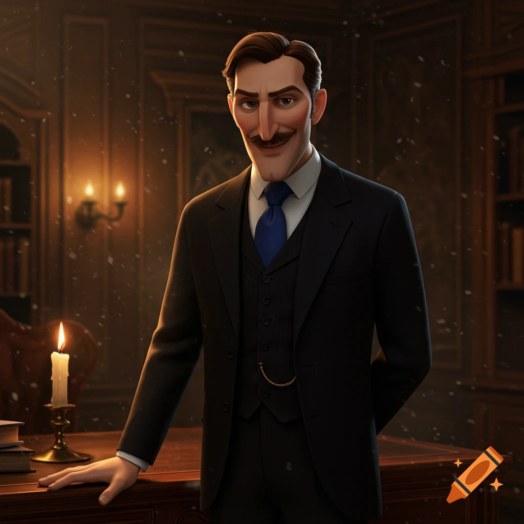 A cartoon-style man with a mustache and slicked-back brown hair in a dark suit and blue tie, smiling in a dimly lit study.