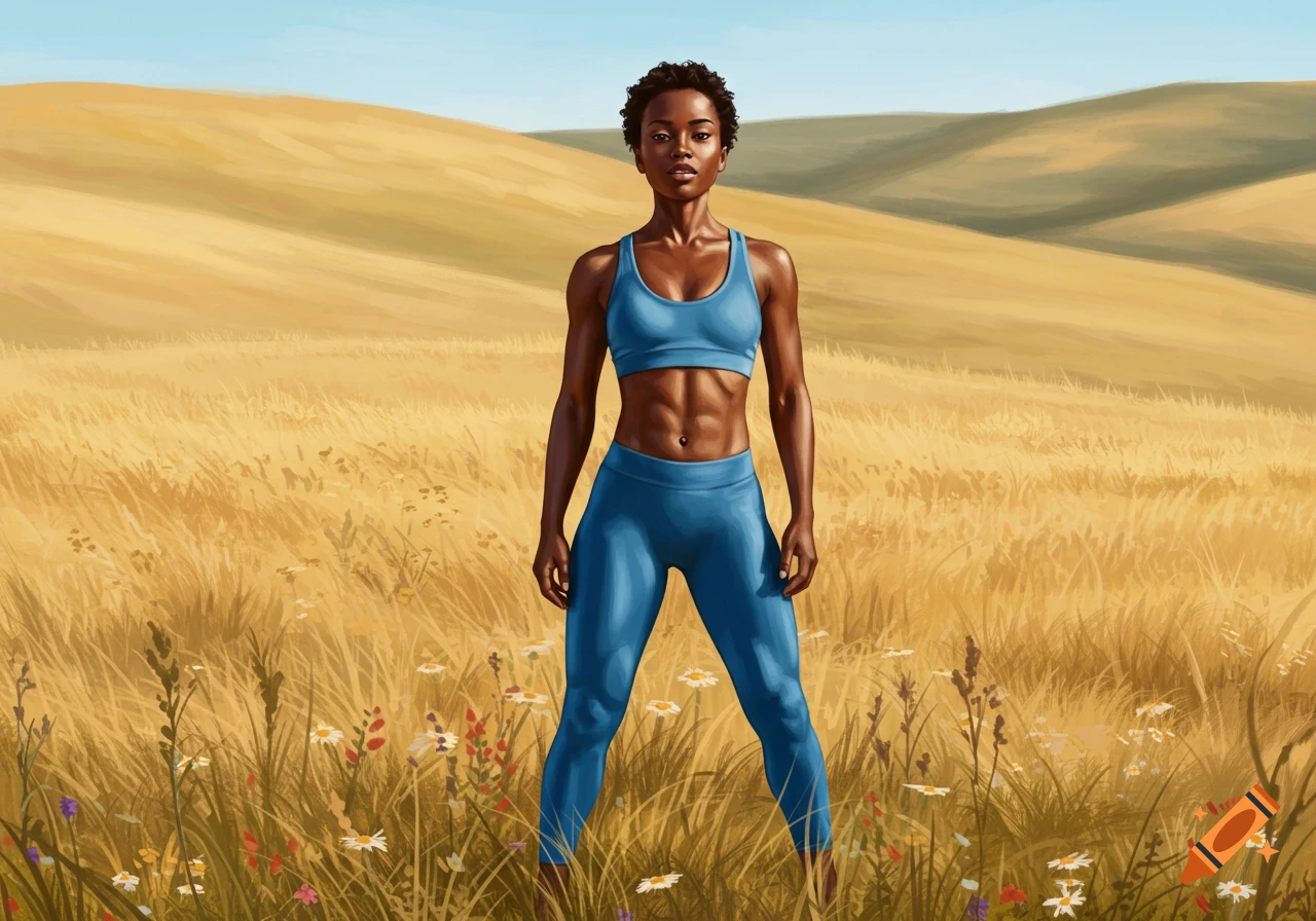 A fit Black woman in blue athletic wear stands in a golden field with rolling hills under a blue sky, in a digital painting style.