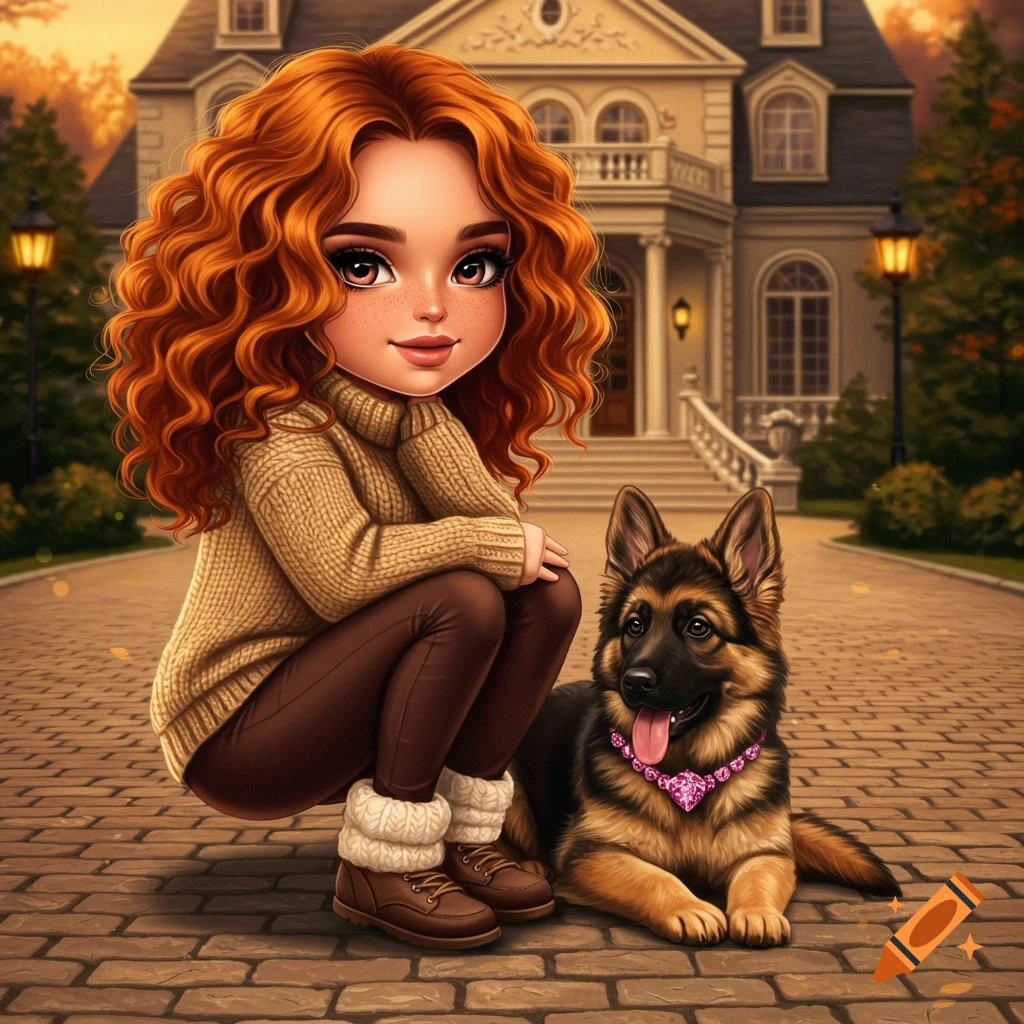 A chibi woman with red curly hair and a German Shepherd puppy on a cobblestone driveway in front of a mansion, digital art.