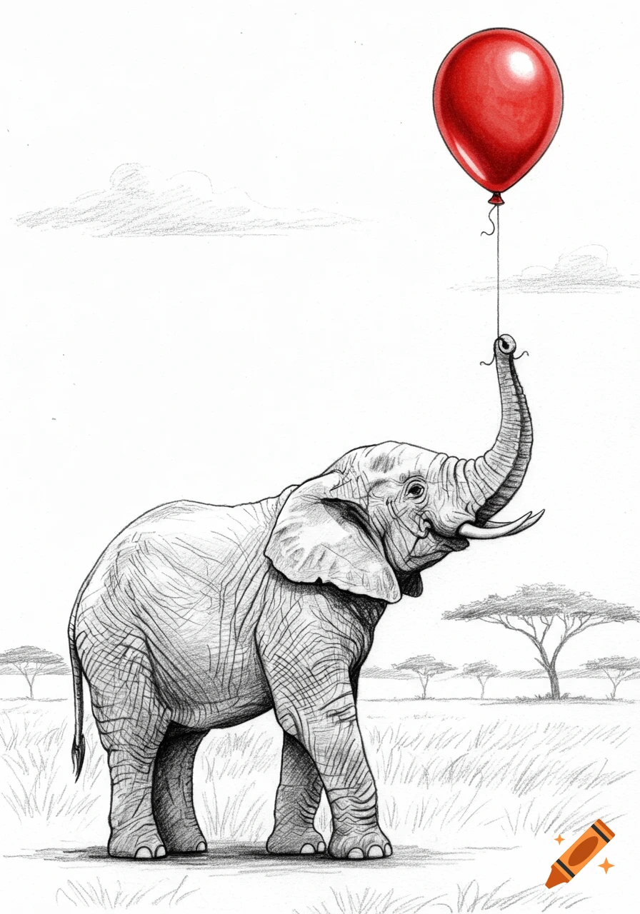 A detailed sketch of an elephant holding a red balloon in its trunk in a savanna landscape.