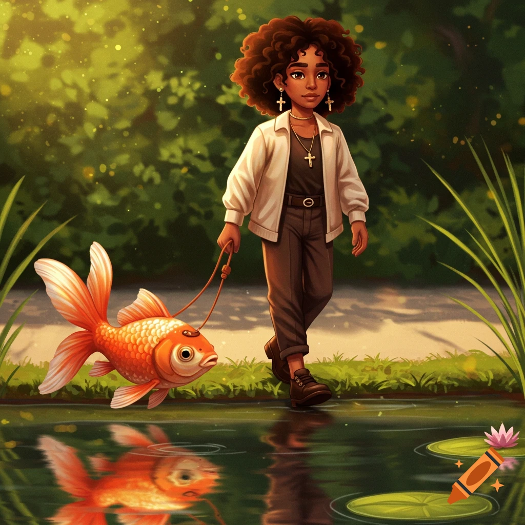 A stylized illustration of a young girl with curly hair walking a goldfish on a leash beside a reflective pond with lily pads.