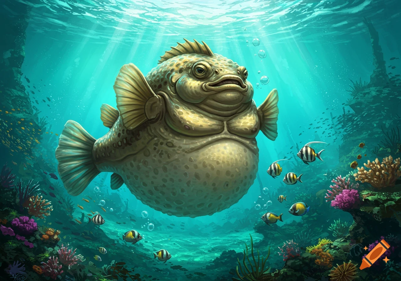 A muscular pufferfish swims in a vibrant coral reef, surrounded by smaller fish and illuminated by sunlight from above. Illustration style.