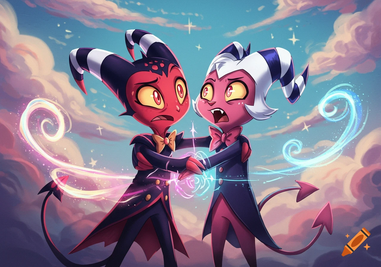 Two cartoon imp characters with striped horns hold hands as swirling magic emanates between them, set against a cloudy sky.