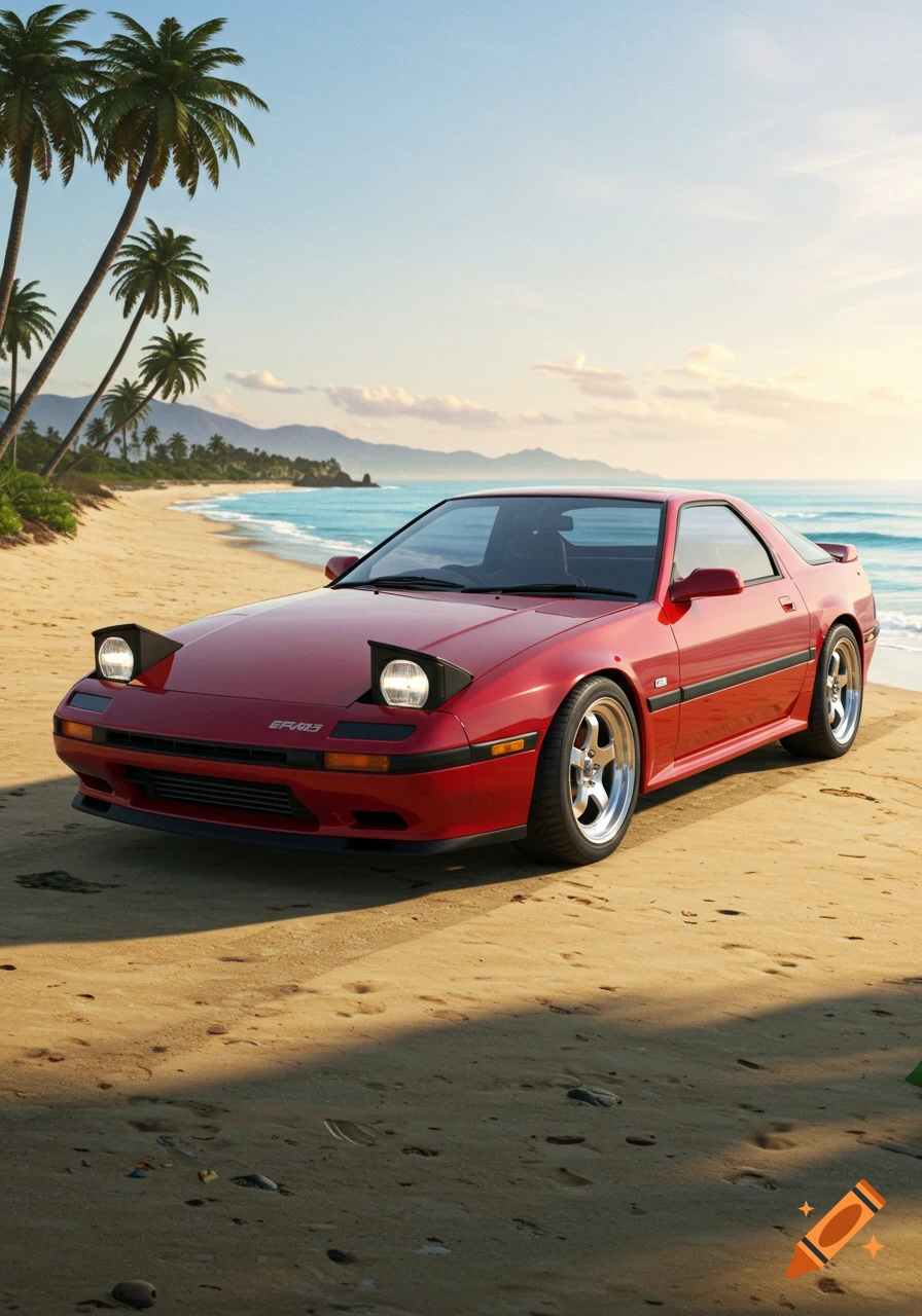 A red classic sports car with pop-up headlights parked on a tropical beach at sunset, with palm trees and ocean waves.