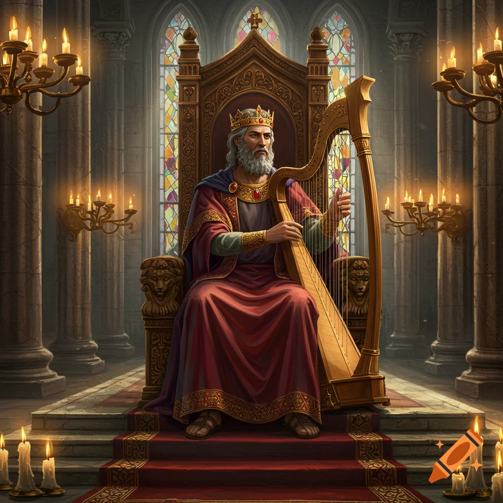 King David, crowned and robed, plays a golden harp on an ornate throne in a candlelit, gothic hall.