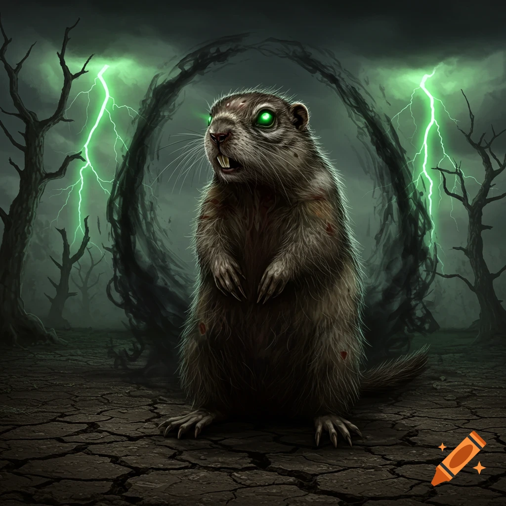 A menacing gopher-like creature with glowing green eyes and fangs stands on cracked ground with green lightning and dark trees in the background.