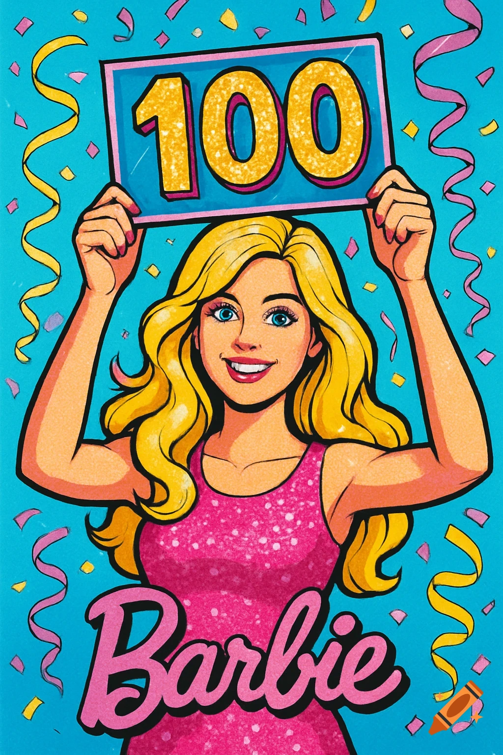 A cartoon Barbie in a pink dress holds a '100' sign overhead, with confetti falling and 'Barbie' text below.