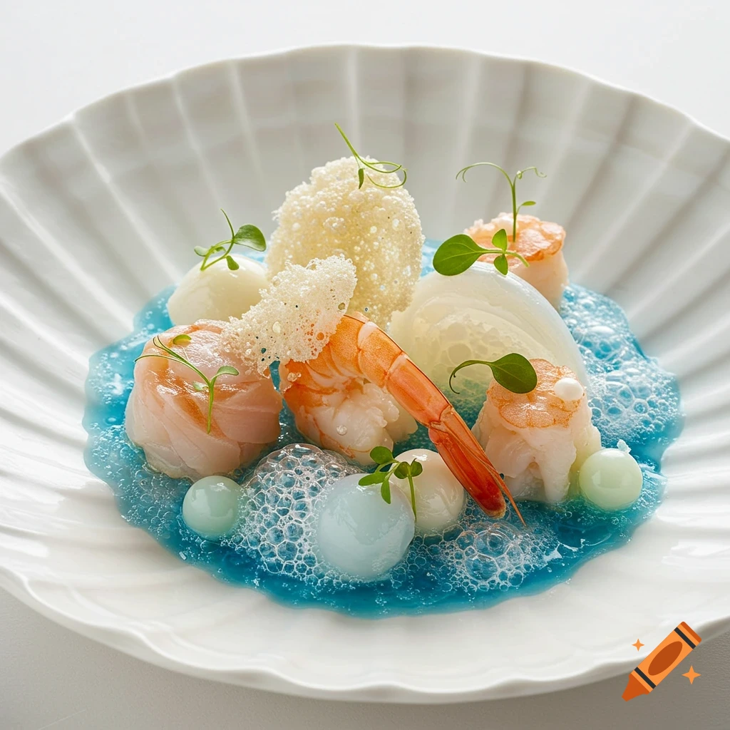 A gourmet seafood dish with shrimp, translucent elements, and foamy blue sauce, served on a white shell-shaped plate.
