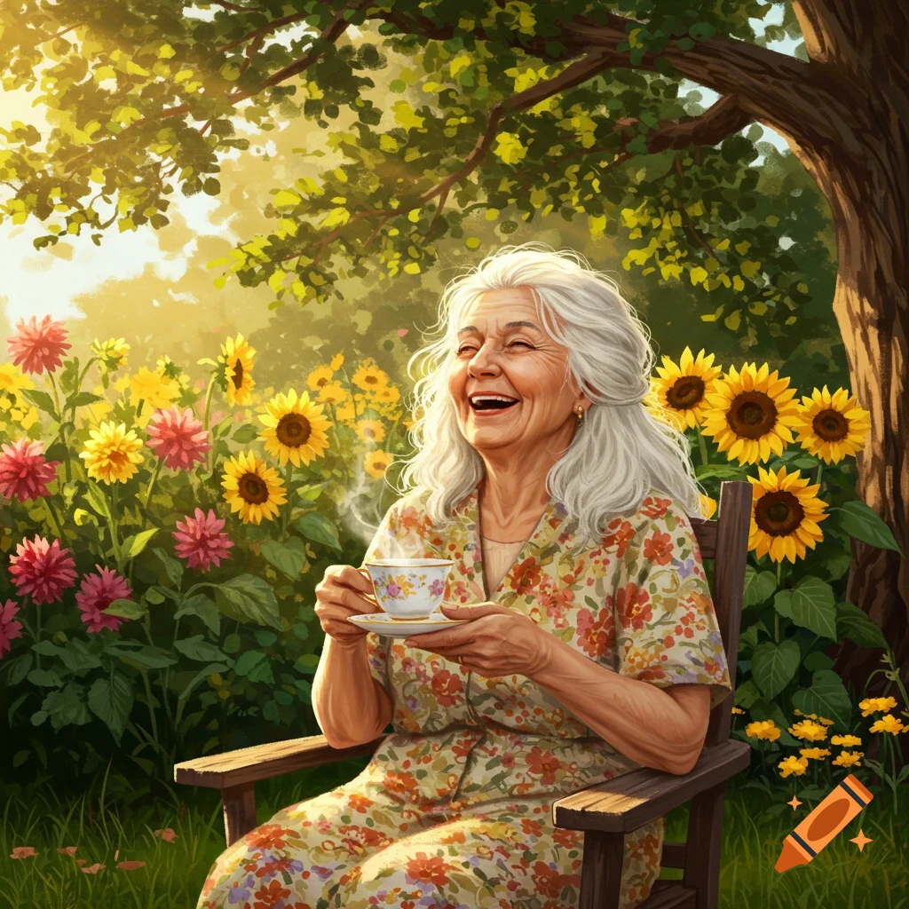 A happy elderly woman with white hair laughing while holding a teacup in a sunny garden filled with colorful flowers and sunflowers.