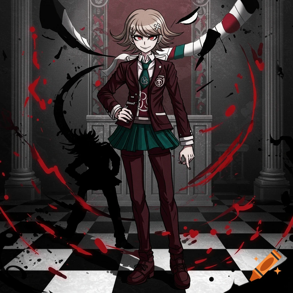 An anime-style character with short brown hair, red eyes, and a school uniform stands amidst red splatters and black shadows on a checkered floor.