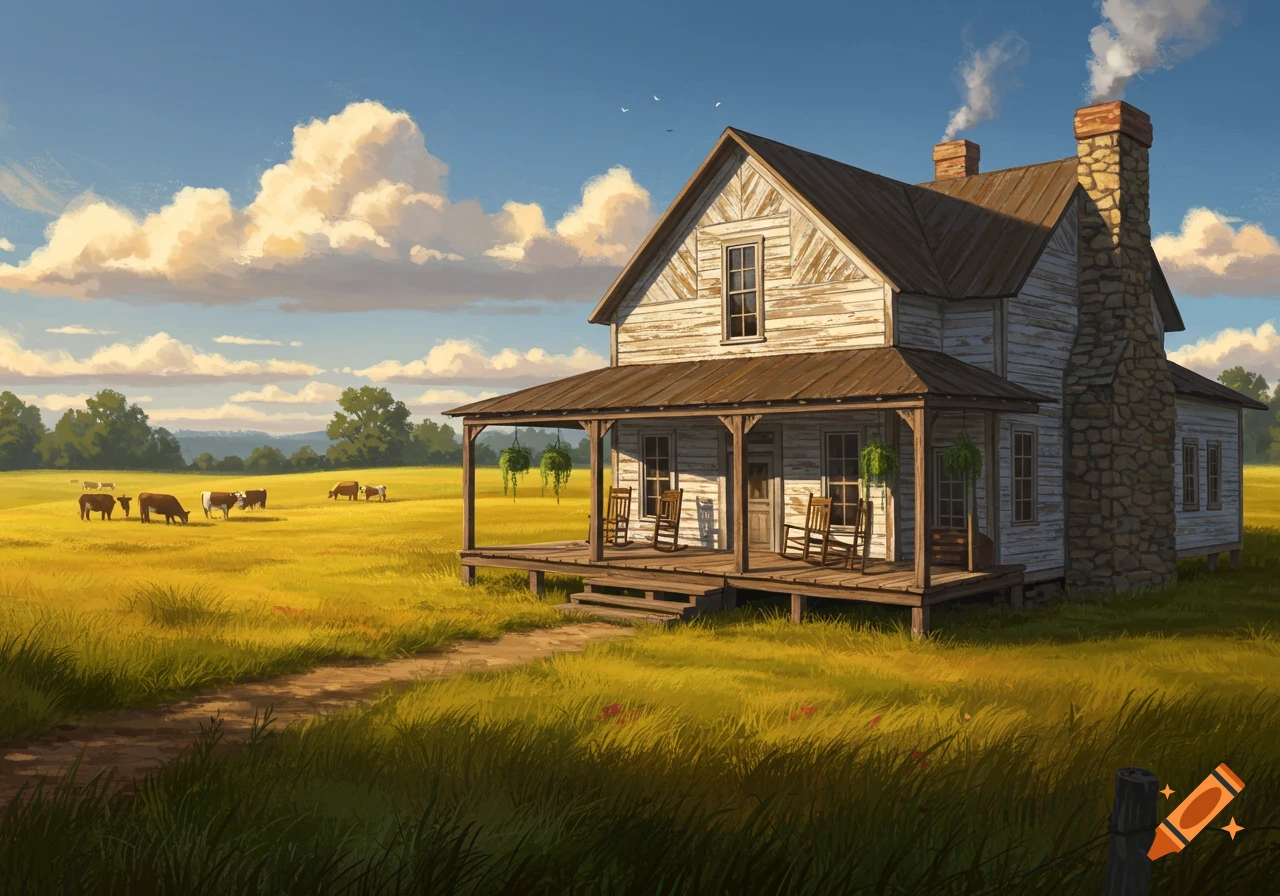 A rustic farmhouse with a wide porch stands in a golden field under a blue sky with fluffy clouds. Cattle graze in the distant pasture.