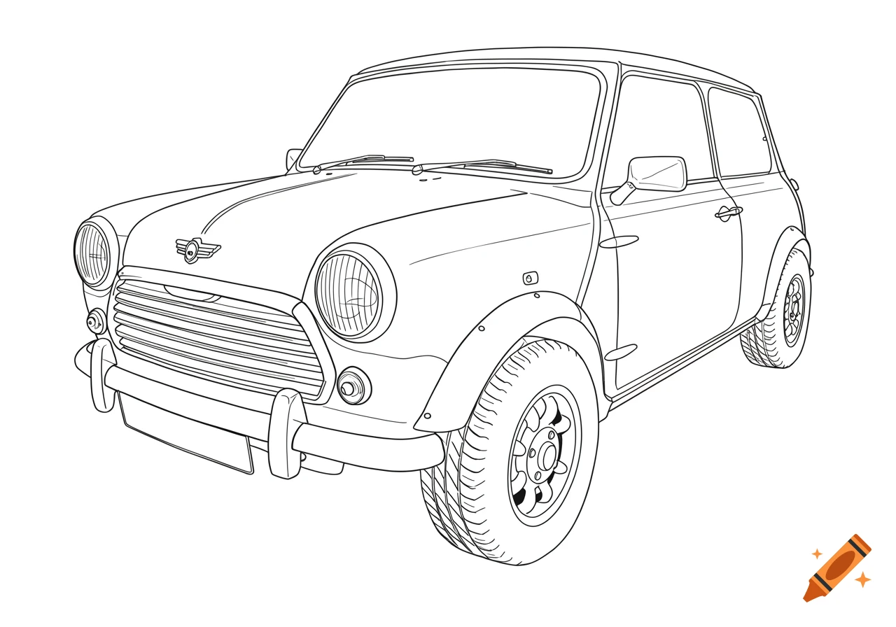 A detailed line drawing of the front view of a classic Mini car.